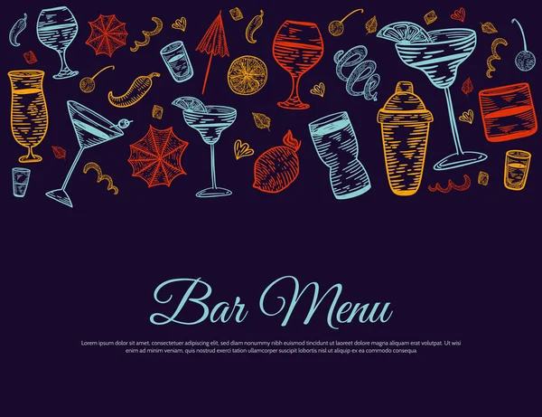 Banner de menu de coquetel com copos de esboço, bebidas. Gravar estilo de desenho. Design de modelo com ícones no fundo escuro — Vetor de Stock