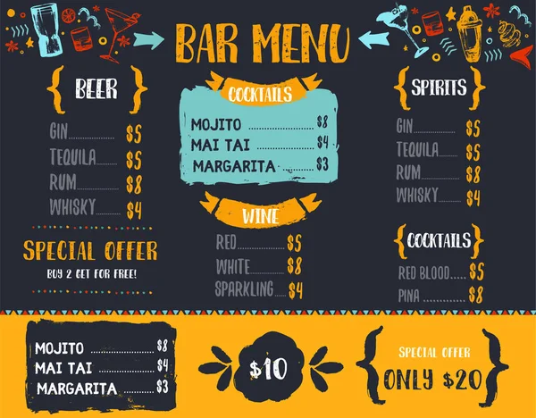 Grunge Cocktail menu template. Alcohol drink sketch design. Restaurant promotion banner — Stock Vector