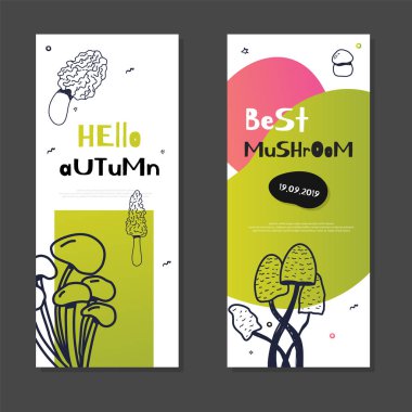 Göl kenarında mantar doodle afiş kümesiyle kroki Champignon, enokitake, istiridye, Cantharellus cibarius, shiitake. Bunu kullanmak için menü, banner, rozet, ürün paketleme