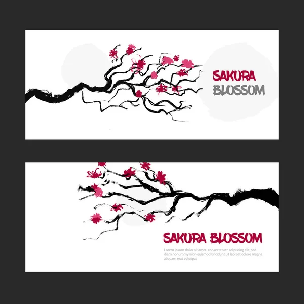 Sakura bloesem banner set. takken met bloemen kaarten. Japan cherry groet ontwerp — Stockvector