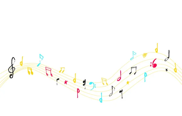 Curva nota musicale con grunge Con chiave di violino e note colorate in bianco e nero. Illustrazione vettoriale . — Vettoriale Stock