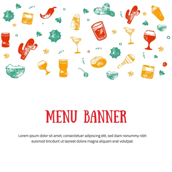 Banner de menú de bar de bebidas alcohólicas con vasos grunge, bebidas. Estilo de dibujo colorido. Diseño de plantilla aislado sobre fondo blanco — Vector de stock