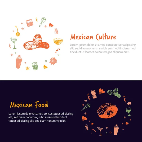 Conjunto de pancartas horizontales de fiesta mexicana. Diseño vectorial con vasos, cocteleras, limón. Alcohol colorido Doodle Grabado ilustración dibujada a mano sobre fondo blanco . — Archivo Imágenes Vectoriales