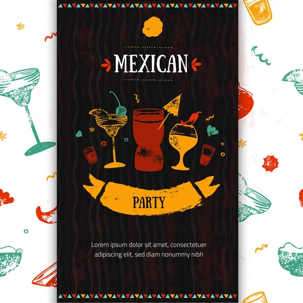 Grunge Partai Meksiko menu Restoran Makanan, desain templat dengan sketsa ikon dari Chili lada, sombrero, taco, nacho, burrito.Chalkboard Flyer makanan untuk promosi, spanduk situs - Stok Vektor