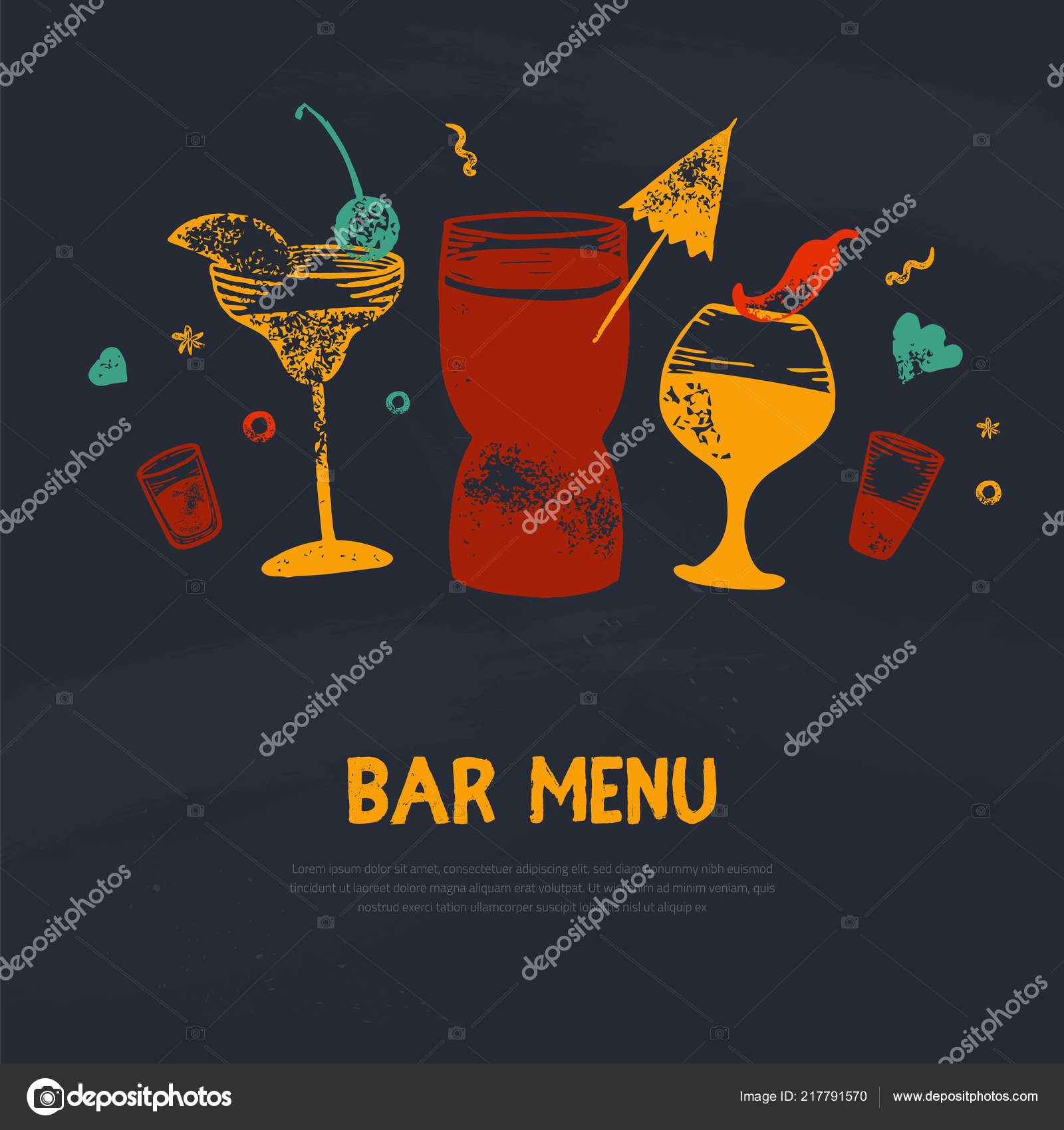 Alcohol drink bar menu banner with grunge glasses, drinks. Colorful drawing  style. Template design isolated on dark background Stock Vector Image by  ©Alena_St #217791570