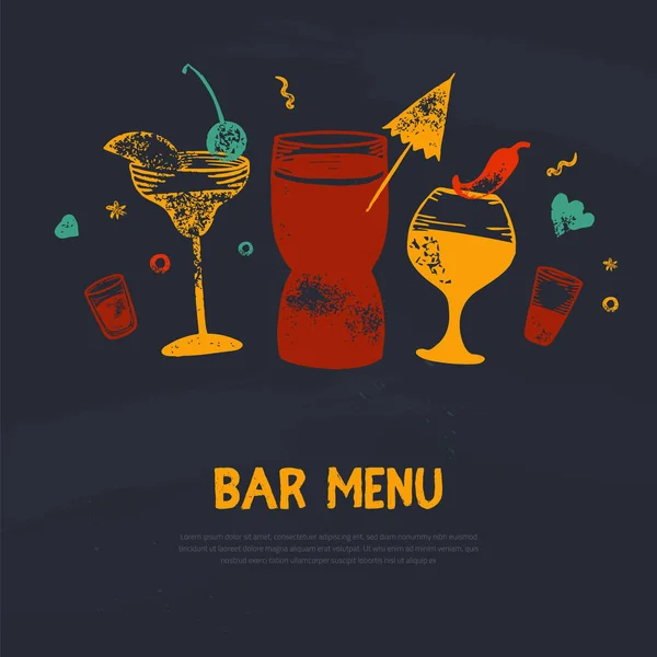 Banner de menú de bar de bebidas alcohólicas con vasos grunge, bebidas. Estilo de dibujo colorido. Plantilla de diseño aislado sobre fondo oscuro — Vector de stock