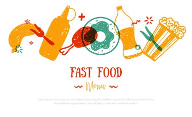 Fastfood doodle başlık afiş menü tasarımı için abur cubur ile. Sağlıksız ürün promosyon kavramı
