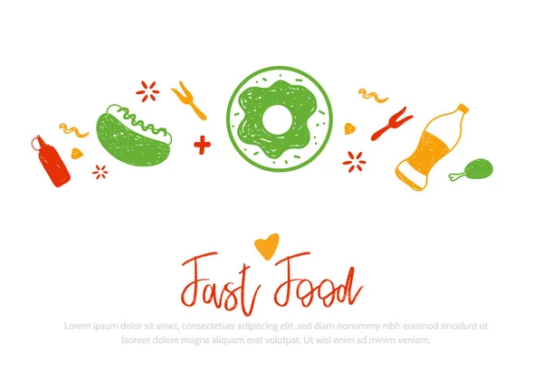 FastFood doodle encabezado banner con comida chatarra para el diseño del menú. Concepto de promoción de productos poco saludables — Vector de stock