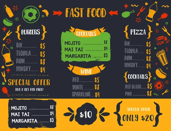 Desain menu FastFood dengan pola corat-coret junk food untuk promosi kafe. Konsep produk tidak sehat - Stok Vektor