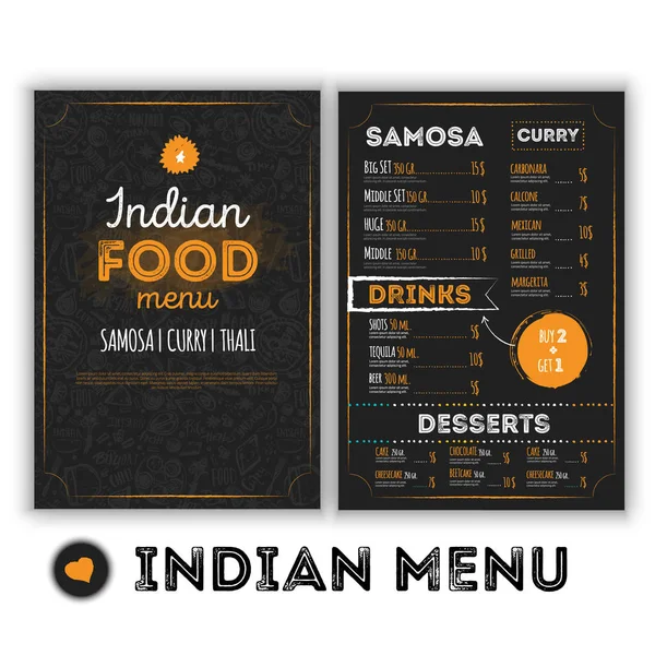 Plantilla de menú Indian Food con garabatos grunge en estilo dibujado a mano. Cultura oriental restaurante ilustración — Archivo Imágenes Vectoriales