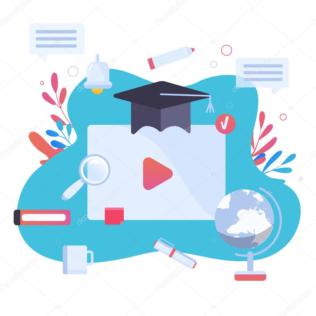 Online education modern concept with study objects, hat, pen, book. Modern on site learning training with play button and pointer. vector illustration