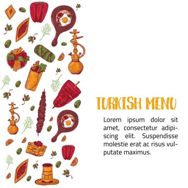 Kebap, Dolma, Shakshuka, nargile ile modern kroki Türkçe menü afiş kroki. Serbest çizim vektör olarak izole koyu arka plan doodles