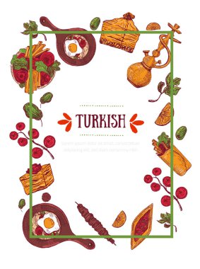Kebap, Dolma, Shakshuka, nargile ile modern kroki Türkçe menü afiş kroki. Serbest çizim vektör olarak izole koyu arka plan doodles