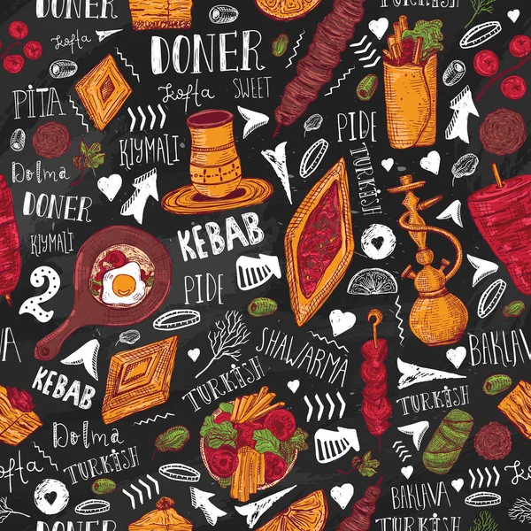 Modern sketch Turkish food seamless pattern with lettering and beverages with Kebab, Dolma, Shakshuka, shisha. Freehand vector doodles isolated on dark background — Stock Vector