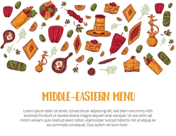 Bosquejo moderno boceto del menú del Medio Oriente con Kebab, Dolma, Shakshuka, shisha. Freehand garabatos vectoriales aislados sobre fondo oscuro — Archivo Imágenes Vectoriales