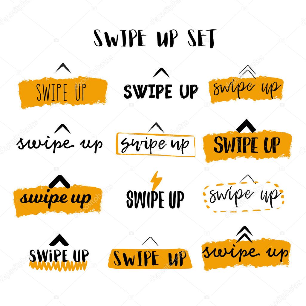 Swipe up icon set isolated on white background with grunge yellow stains for social media stories vector.