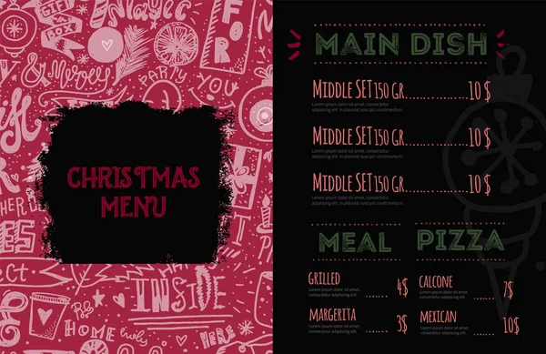 Christmas menu design template with lettering. Restaurant background. Vector hand drawn illustration Food and Drink concept — Stock Vector