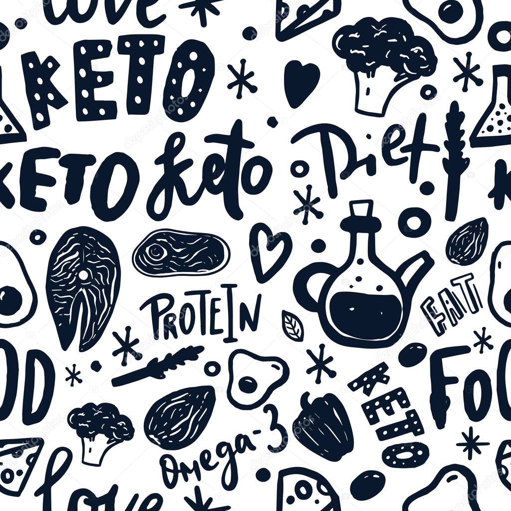 Sketch keto diet seamless pattern with lettering on white background. Healthy low carbs food. Ketogenic nutrition.