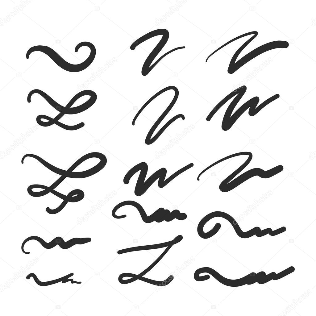 Set of hand drawn lettering and calligraphy swirls, squiggles. Vector ink decorations for composition - Vector illustration.