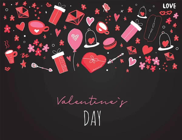 Valentinstag-Grußkarte mit niedlichen Cartoon-Doodle-Symbolen. Love Poster Konzept mit Geschenken, Diamanten, Blumen. — Stockvektor