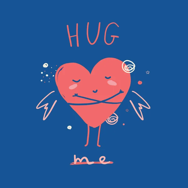 Hug Me wenskaart met schattige cartoon hart. Valentine dag liefde poster concept. Kussen lachende karakter — Stockvector