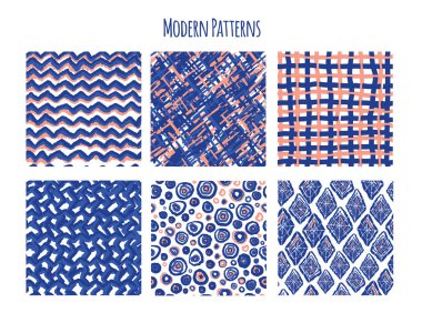 Boho Dikişsiz desen baskı tasarımı için ikat tarzı ile ayarlayın. Tekrar arka plan. Mavi kabile trendy vektör duvar kağıdı.