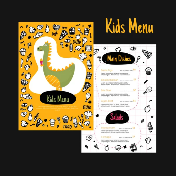 Kleurrijke Kids-menu in doodle stijl. De sjabloon van de lay-out van de folder. Vers voedsel kaart met schattige vectorillustraties. — Stockvector