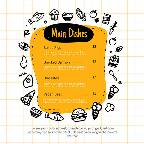Дизайн меню пищевых каракулей. Изолированная векторная иллюстрация на белом фоне. Продвижение меню ресторана
