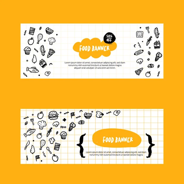 Food Doodle Banner Set. isolierte Vektorillustration auf weißem Hintergrund. Speisekarte für Restaurants — Stockvektor