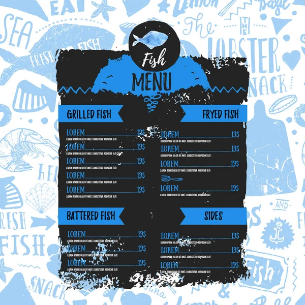 Banner de menú de pescado Doodle para el diseño del volante. Boceto dibujado a mano vintage en la ilustración del vector de fondo grunge . — Vector de stock
