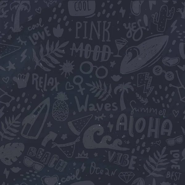 Black Summer seamless pattern with doodle icons and lettering. Modern wallpaper decoration with surf board, sun, watermelon , waves — Stock vektor