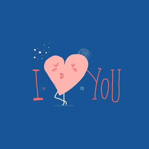 Tarjeta de felicitación Love You con lindo corazón de dibujos animados y partículas. Concepto de cartel de San Valentín mínimo lindo. Besos de carácter — Vector de stock
