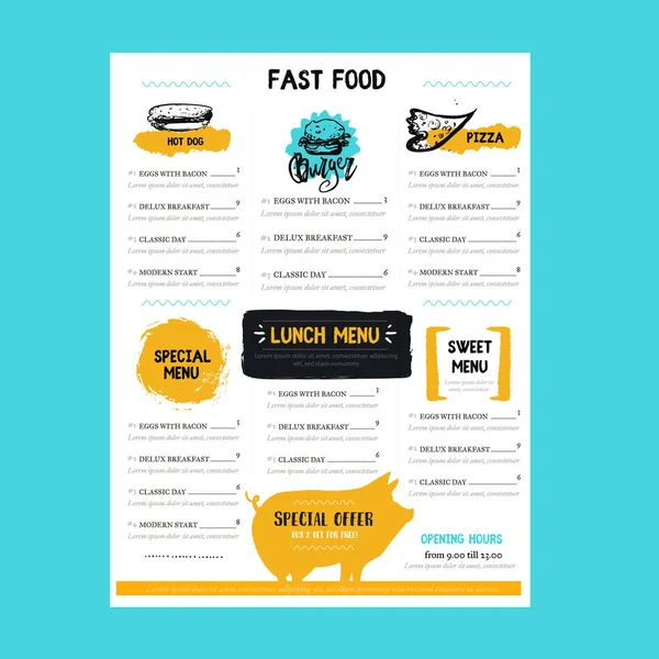 Fast-Food-Menü im modernen Stil mit Schwein im Hintergrund. BBQ Plakatvorlage für Restaurant — Stockvektor