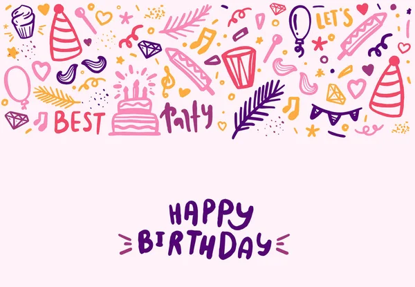 Gelukkige verjaardag doodle banner met taart, ballon. Poster decoratie in de hand getrokken stijl. Moderne verjaardag felicitatie — Stockvector