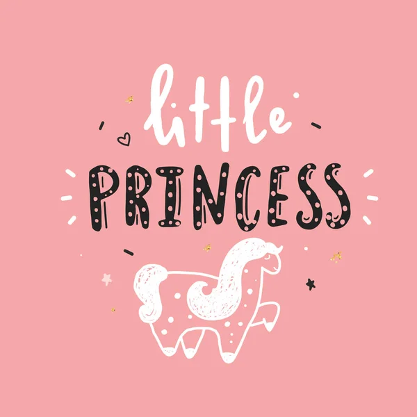 Élégante affiche de gribouillis typographique de petite princesse. Eléments de décoration avec licorne, particules. Art moderne . — Image vectorielle