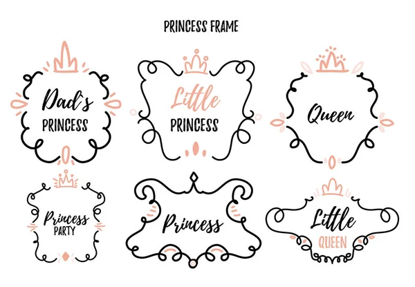 Lilla prinsessa Ställ i doodle stil för babyshower, födelsedagsfest — Stock vektor