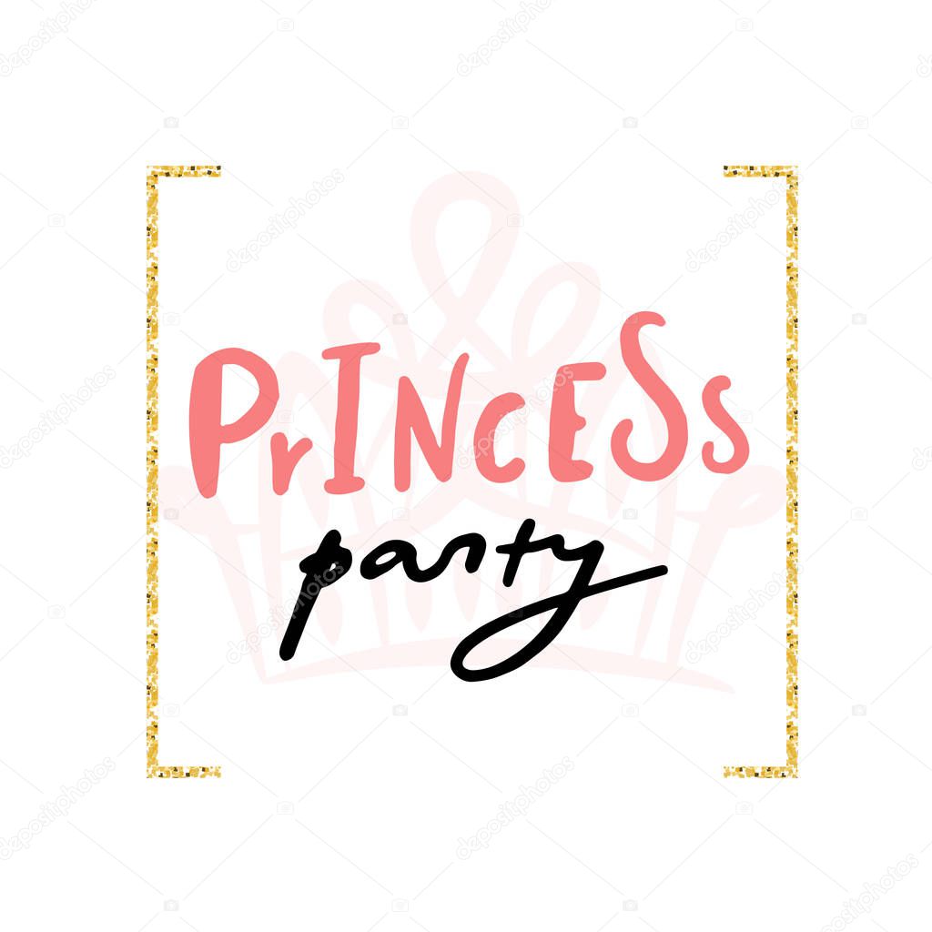 Elegant princess party poster. Black brush line. Decoration elements with golden glitter. Doodle art.