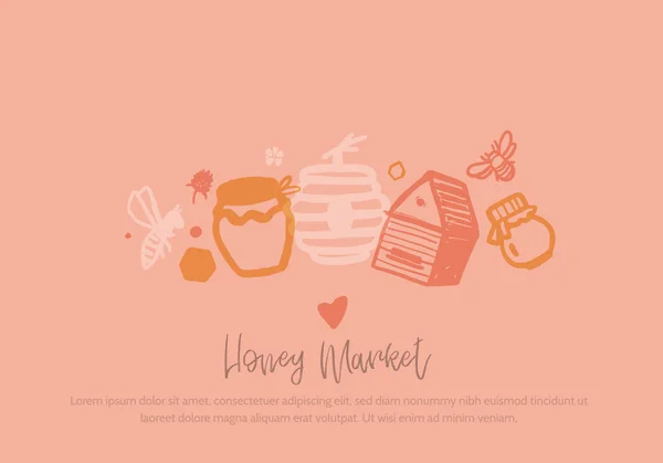 Modern honey banner on pink background. Organic design template promotion wth bees. Food background, label vector. — Stock Vector