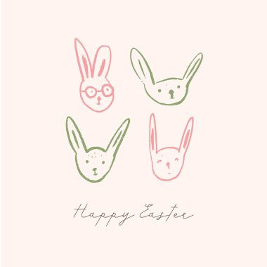Mutlu Paskalya kartı tavşan başkanları ile pembe arka plan üzerinde. Bebek şirin dekorasyon