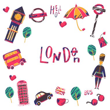 Londra doodle kare bayrağı, otobüs, bekçi ile. Zarif renkli kroki