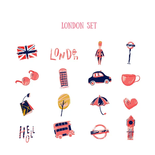 Diseño de conjunto de iconos en inglés en estilo doodle grunge — Vector de stock