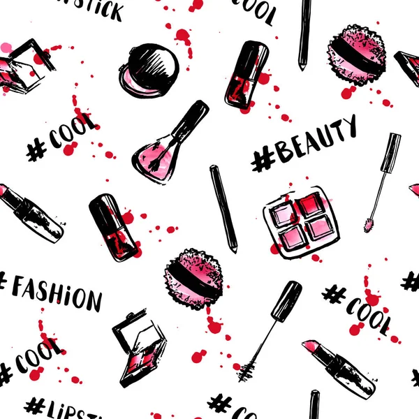 Hashtag belleza patrón sin costuras con cosméticos para bloger. Diseño de la colección Glamour — Archivo Imágenes Vectoriales