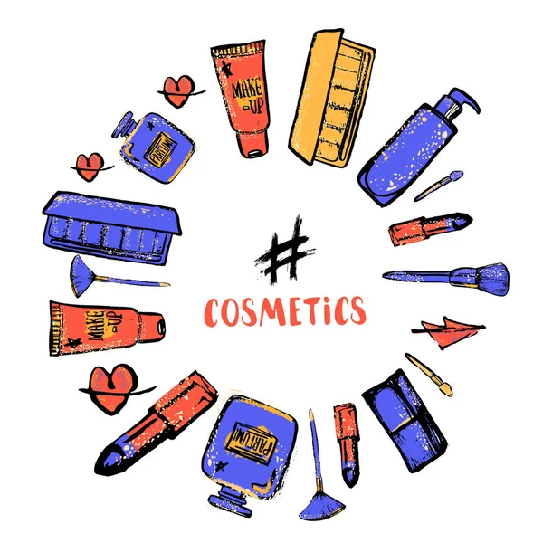 Marco de hashtag de belleza con cosméticos para bloger. Diseño de la colección Glamour con lápiz labial, pincel y labios — Vector de stock