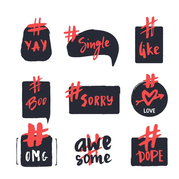 Hashtag zeepbel collectie met hand getrokken belettering woorden als, omg, sorry, boo. Dialoog offerte collectie — Stockvector