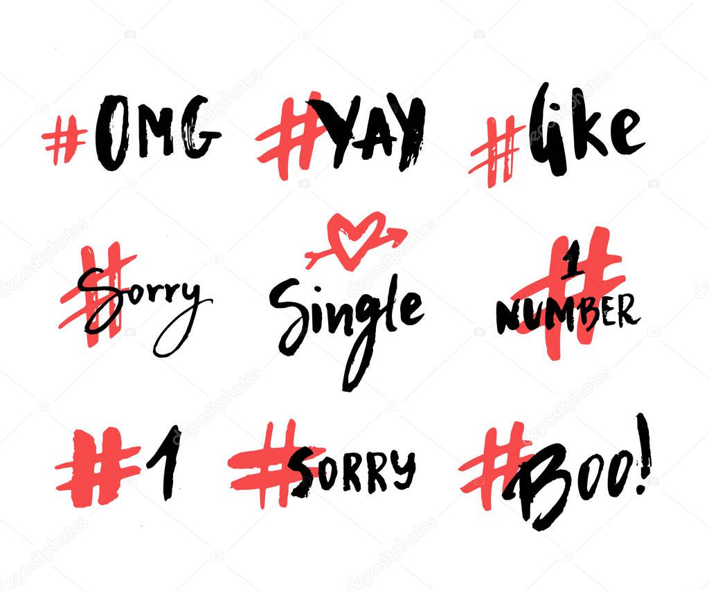 Hashtag bubble collection with hand drawn lettering words like, omg, sorry, boo. Dialogue quote collection.