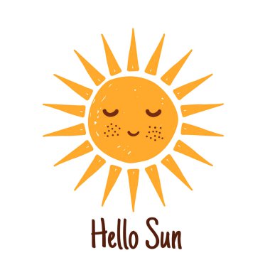 Merhaba güneş Emoji doodle karakter koleksiyonuna işaret, vektör yaz parti poster gülümseyerek. Çizgi film sabah sembolü