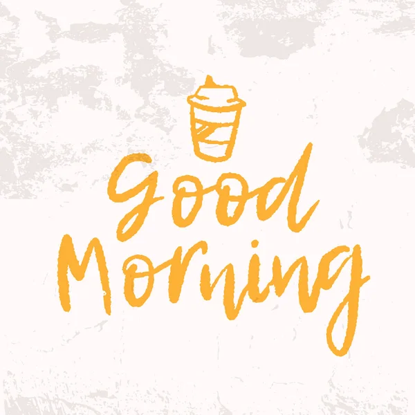 Guten Morgen Grunge Poster mit gelben Schriftzügen. Frühstücksvektordesign — Stockvektor