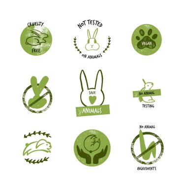 Hiçbir hayvan test grunge etiketleri ayarlayın. Doğal Vegan logosu Sticker. Organik kozmetik Lebel