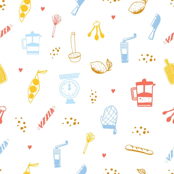 Moderno modello di cibo doodle in stile cartone animato con attrezzature da cucina . — Vettoriale Stock