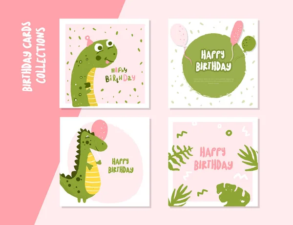 Joyeux anniversaire carte carrée sertie de mignon personnage de dino. Invitation pour enfants — Image vectorielle